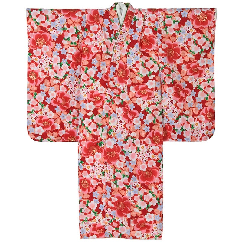 女の子七才着物 ポリ 小紋 赤 桜 中国製