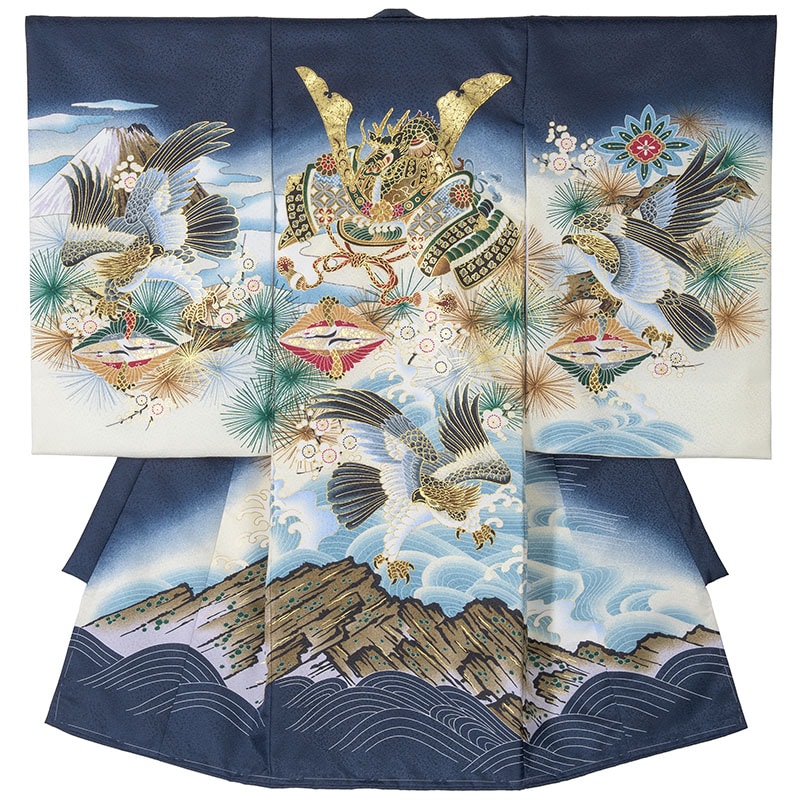 男の子初着 ポリ 紺 兜と鷹に向い鶴