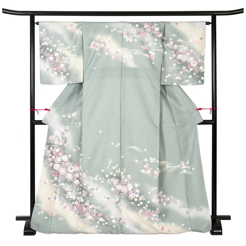 附下 ポリ 灰緑ぼかし 四季の花 裄180 中国製【受注発注・返品不可】