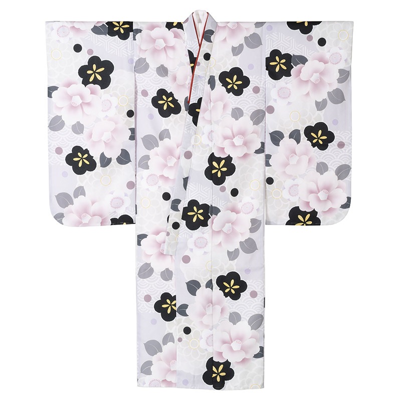 女の子七才着物 ポリ 小紋 薄紫 椿に梅