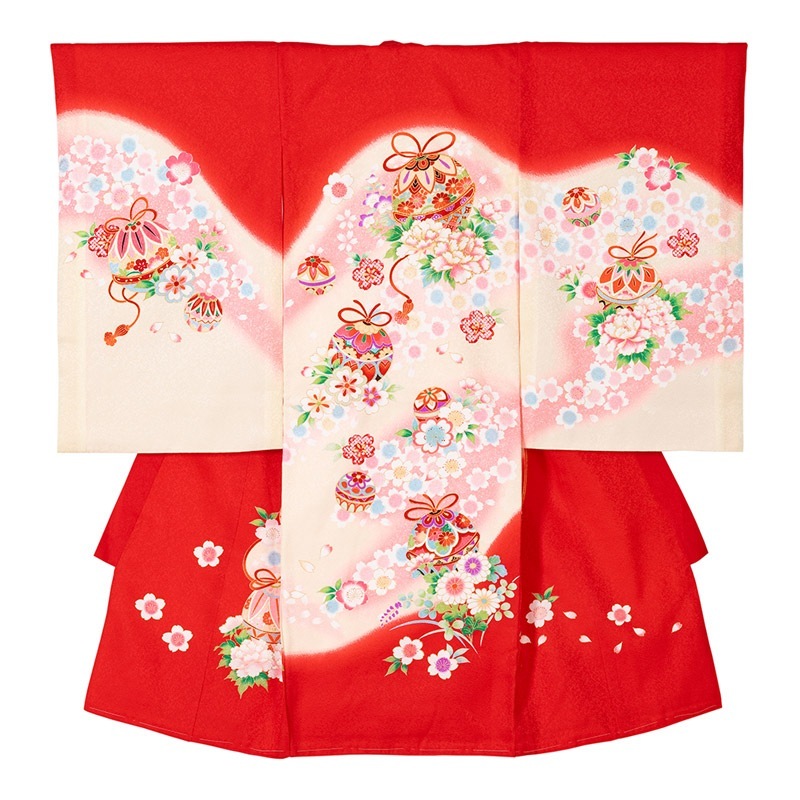 女の子初着 正絹 赤/クリーム 鈴に四季の花