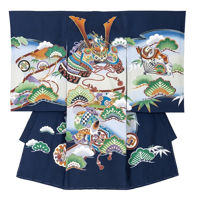 男の子初着 正絹 紺 兜と松