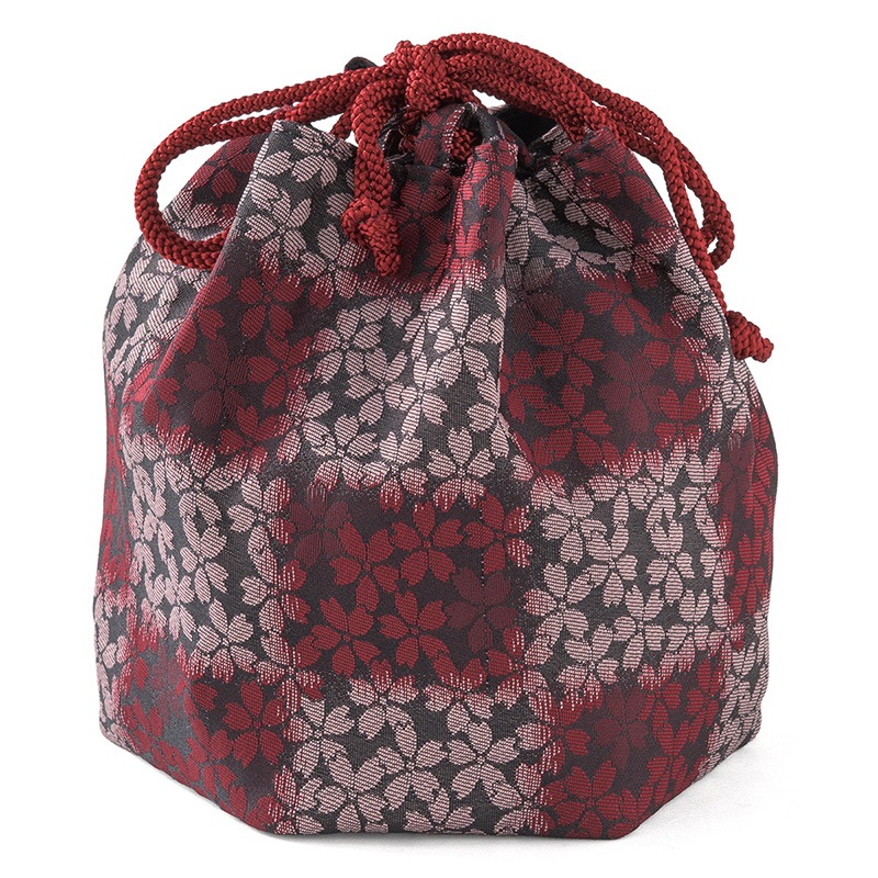 巾着 六角 エンジ/黒 桜