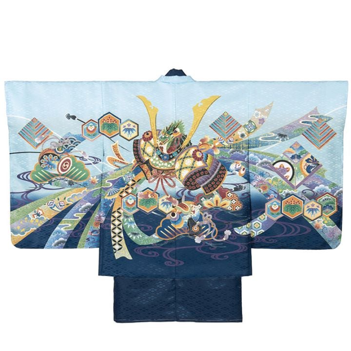 男の子着物羽織 水色紺ぼかし 兜 中国製