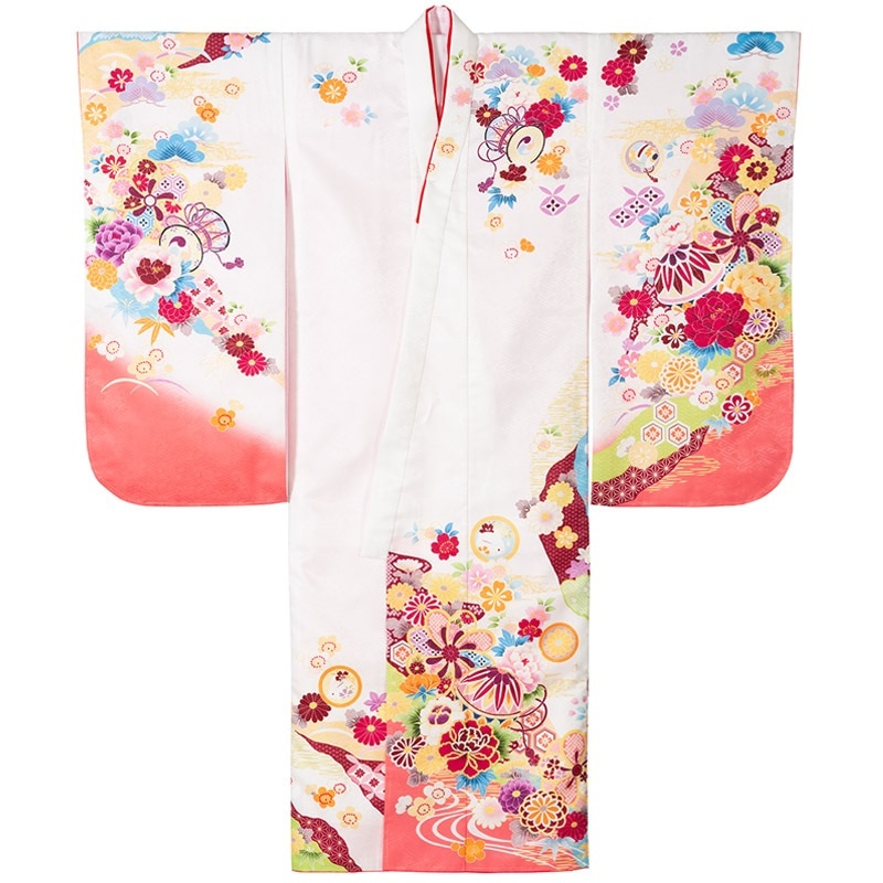 女の子七才着物 ポリ 絵羽 白 芍薬に鞠 中国製