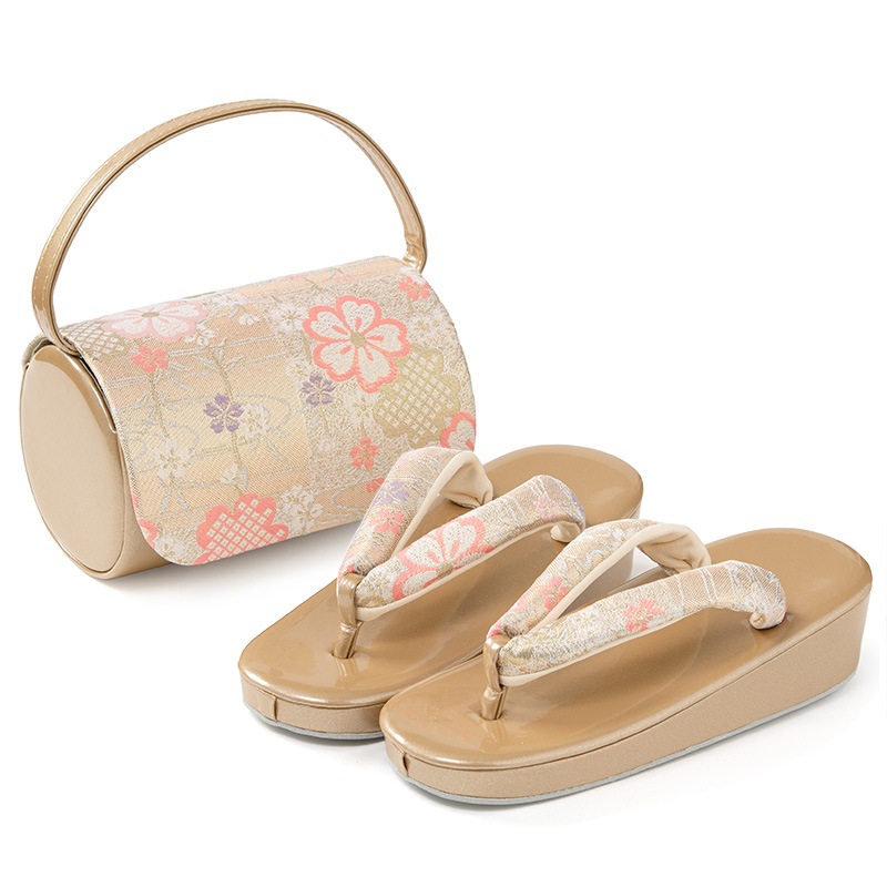 女の子草履バッグセット 金 佐賀錦 7才(21cm) 中国製