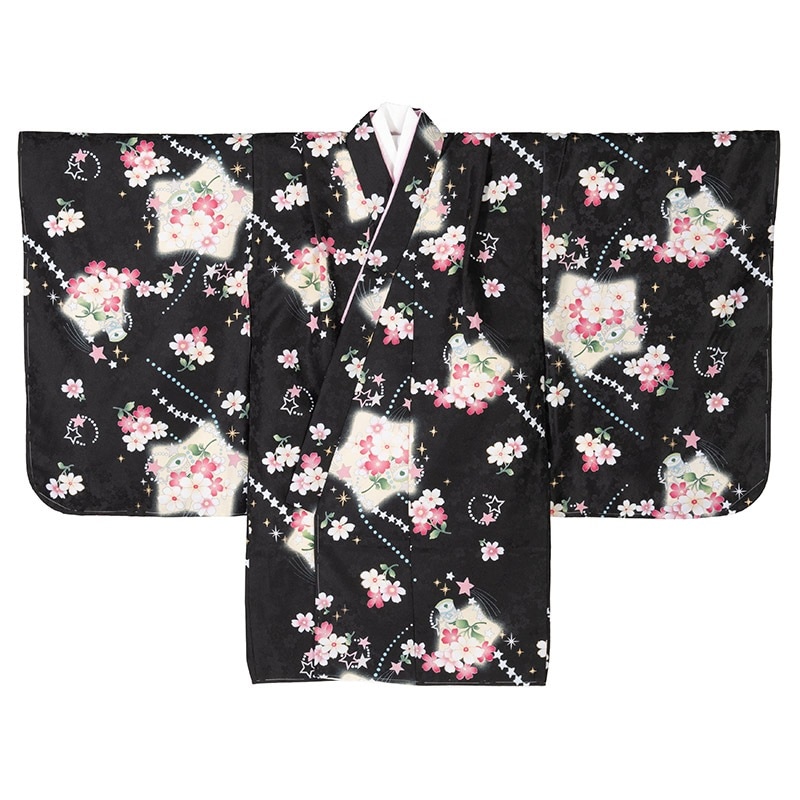 女の子着物 ポリ 小紋 黒 花と星 ショート丈 襦袢付 中国製