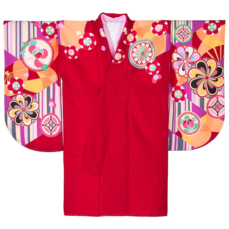 二尺袖着物 ポリ ショート丈 絵羽 赤 吉祥柄 裄180 中国製