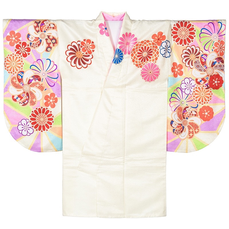 二尺袖着物 ポリ ショート丈 絵羽 オフ白 梅と菊 裄180 中国製