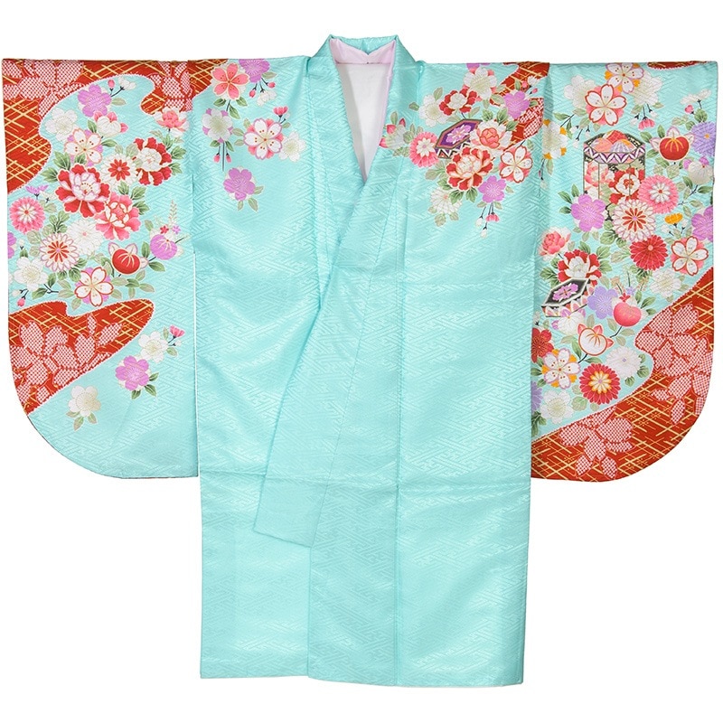 二尺袖着物 ポリ ショート丈 絵羽 ミント サヤ型 貝桶と菊に橘 裄180 中国製