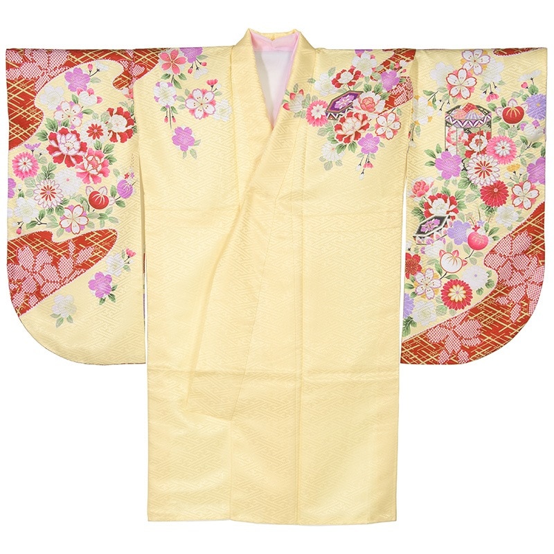 二尺袖着物 ポリ ショート丈 絵羽 クリーム サヤ型 貝桶と菊に橘 裄180 中国製