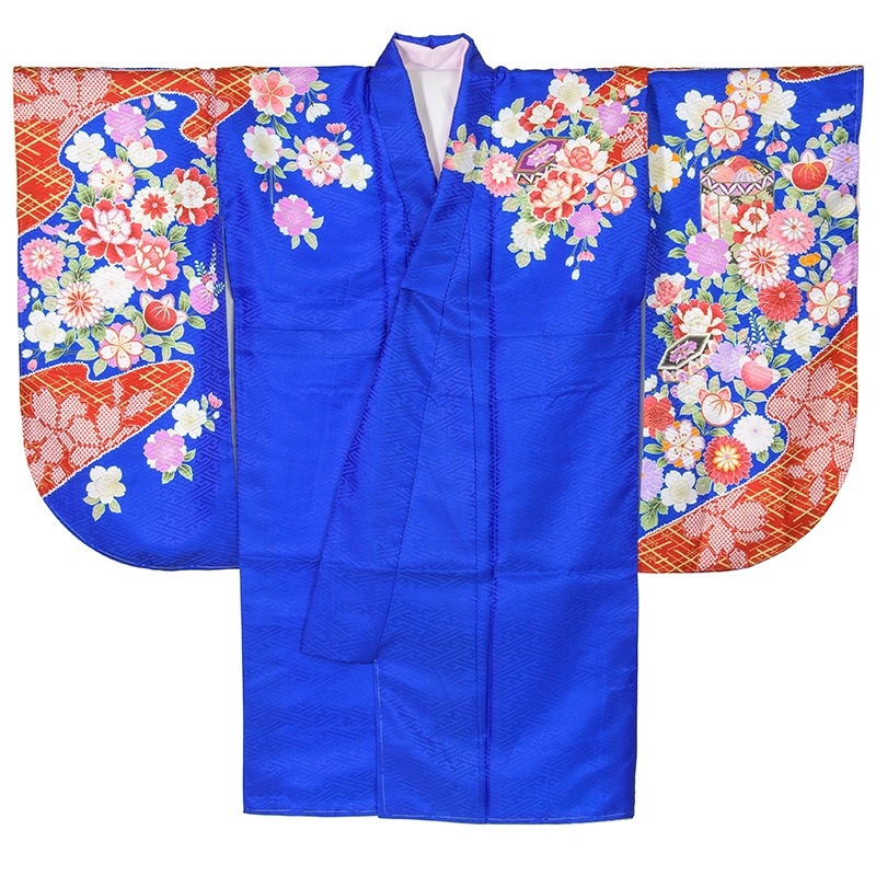 二尺袖着物 ポリ ショート丈 絵羽 青 サヤ型 貝桶と菊に橘 裄180 中国製