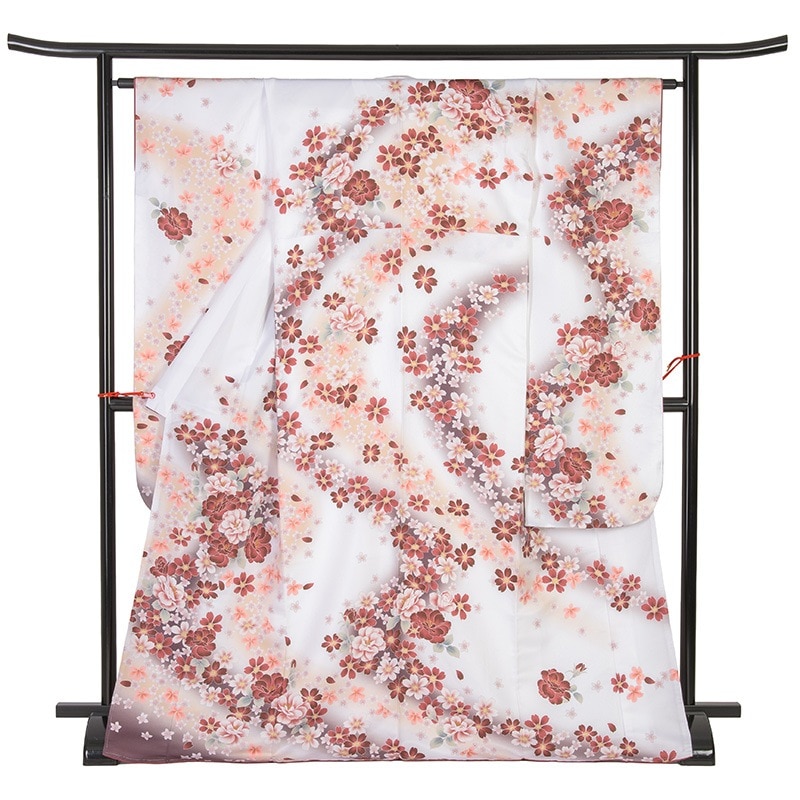 振袖 ポリ 白 芍薬に桜 裄180 袖丈285 中国製