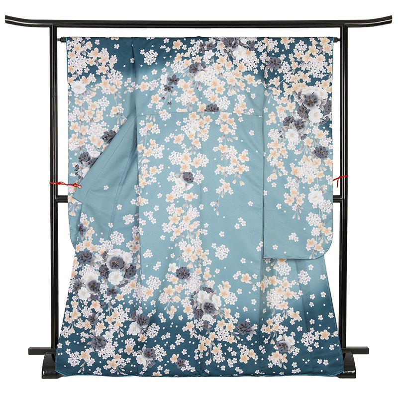 振袖 ポリ 薄ブルー/青緑 椿に桜 裄180 袖丈285 中国製