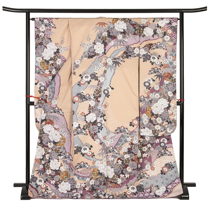 振袖 ポリ ベージュ 芍薬と鞠 裄180 袖丈285 中国製