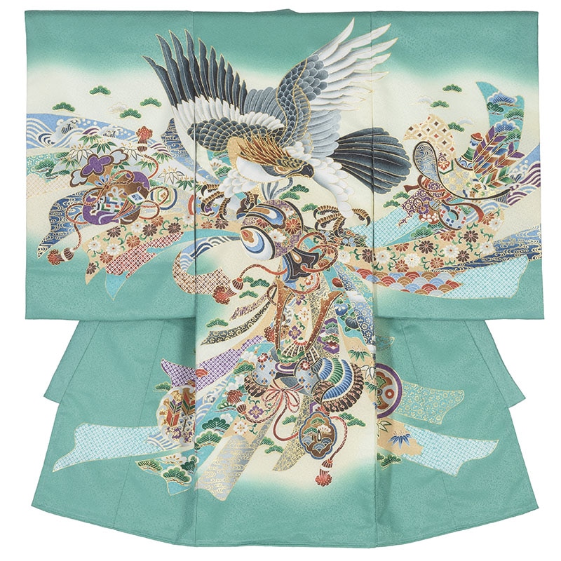 男の子初着 ポリ 緑 鷹と兜とのし