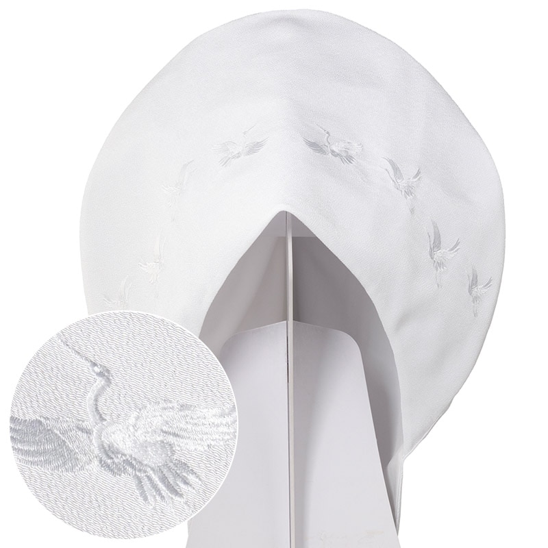 綿帽子 洋髪用 ポリエステル 縮緬 白 鶴刺繍 中国製