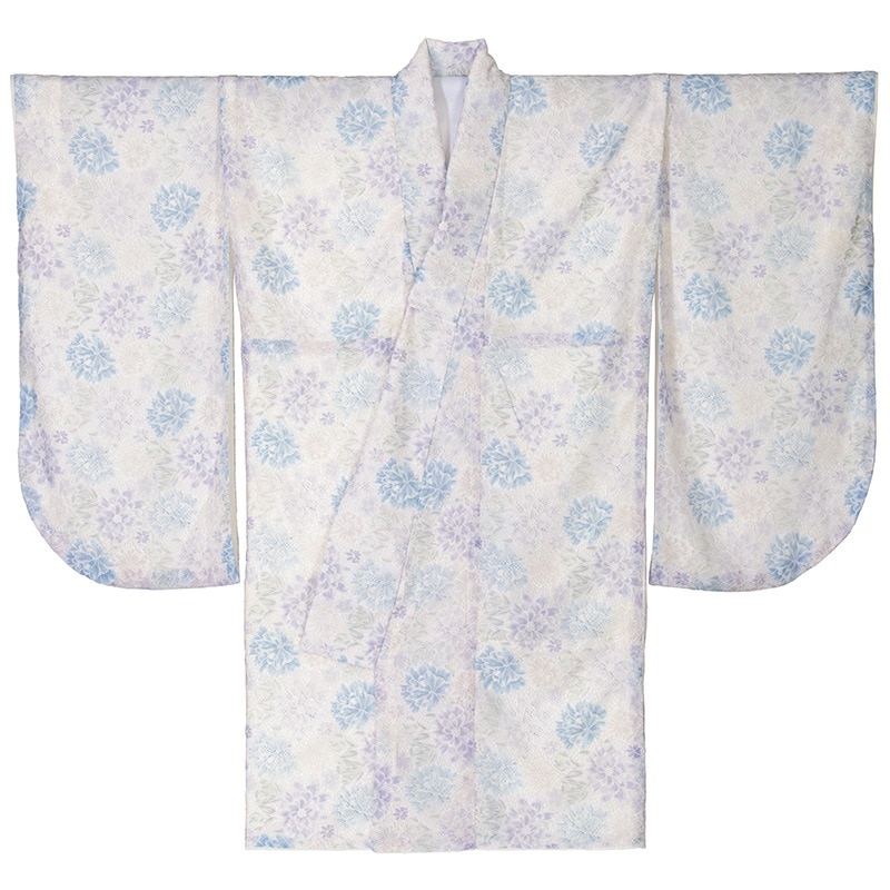 二尺袖着物 ショート丈 総レース 小紋 水色 花柄 裄180 中国製