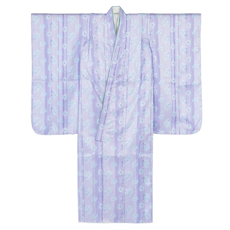 女の子七才着物 ポリ 小紋 薄紫/白 花と縞 難物 中国製