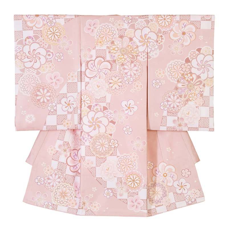 女の子初着 ポリ ピンクベージュ ねじり梅と菊 F