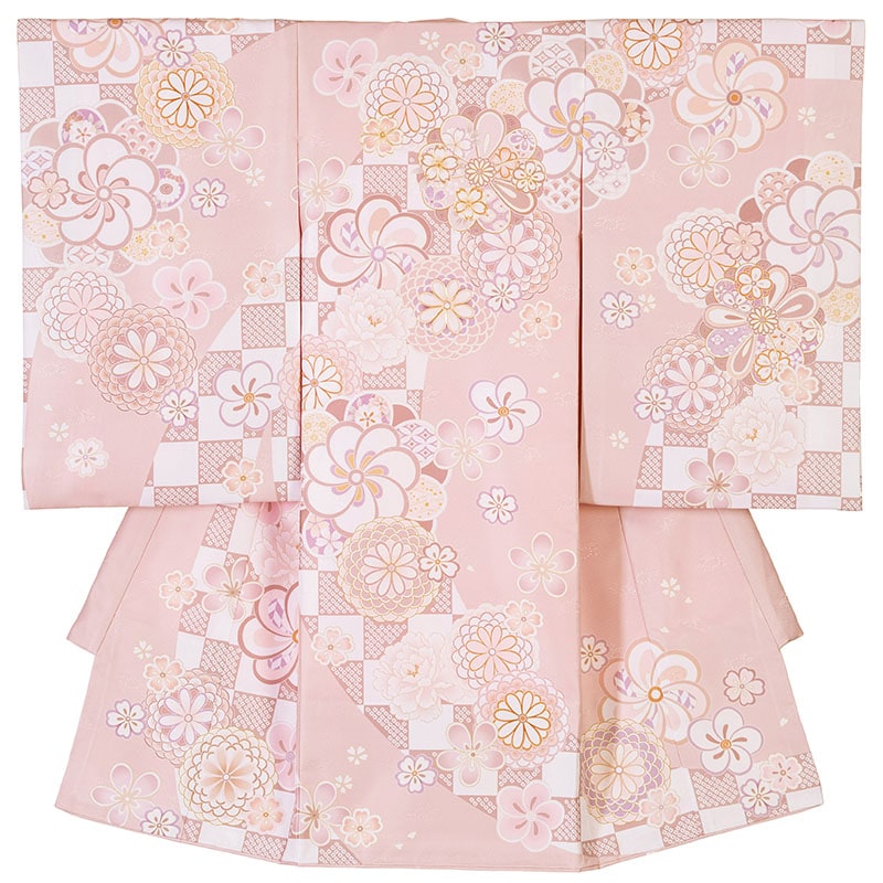 女の子初着 ポリ ピンクベージュ ねじり梅と菊 F