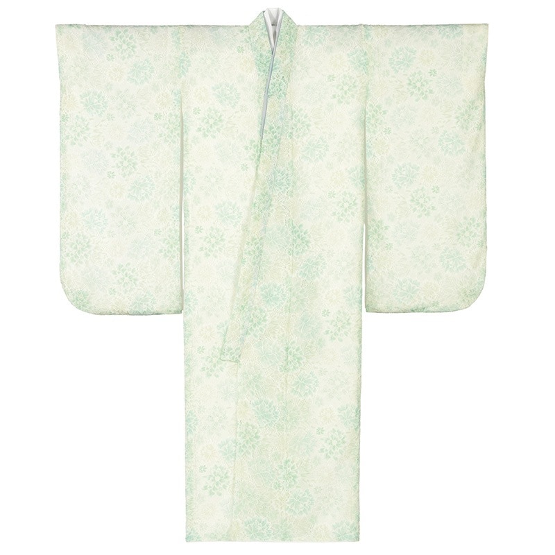 女の子七才着物 ポリ 小紋 緑 花柄プリントレース 中国製