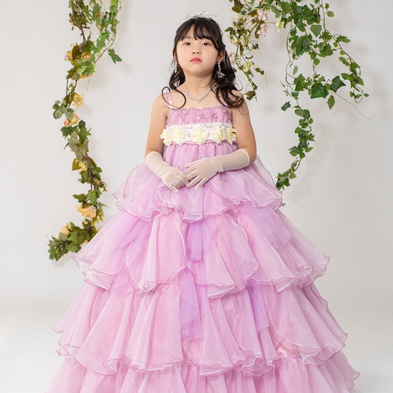 子供ロングドレス ピンク紫/小花レース 120cm 中国製