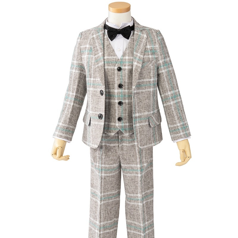 男の子礼服 グレー/水色チェック 110cm 中国製