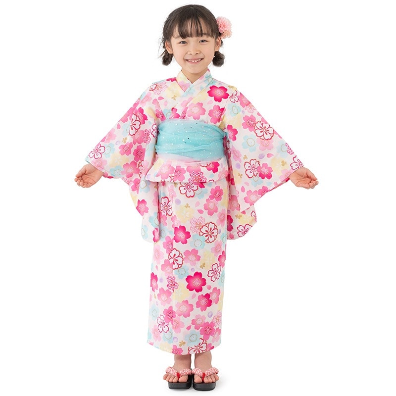 女の子浴衣 白/水色/ピンク 桜づくし キッズ