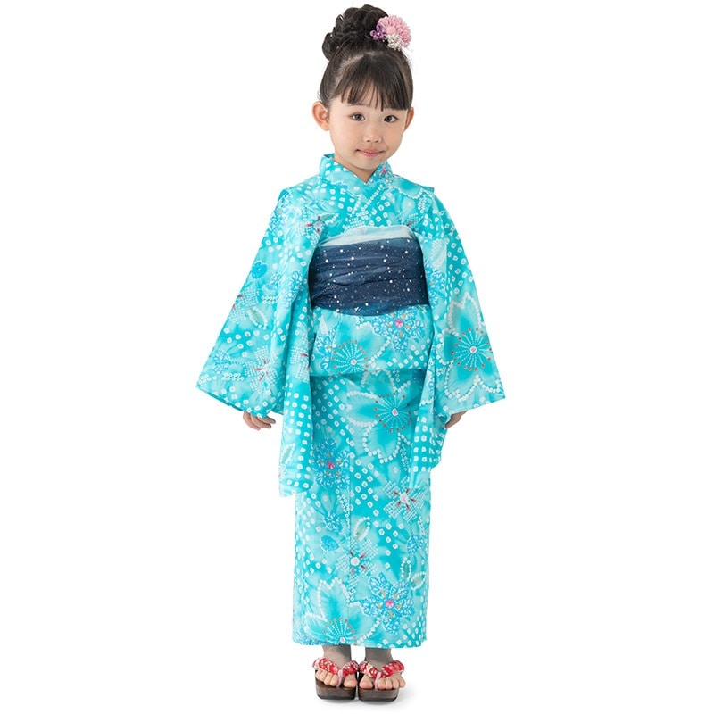 女の子浴衣 淡ターコイズ 疋田桜 キッズ ジュニア 