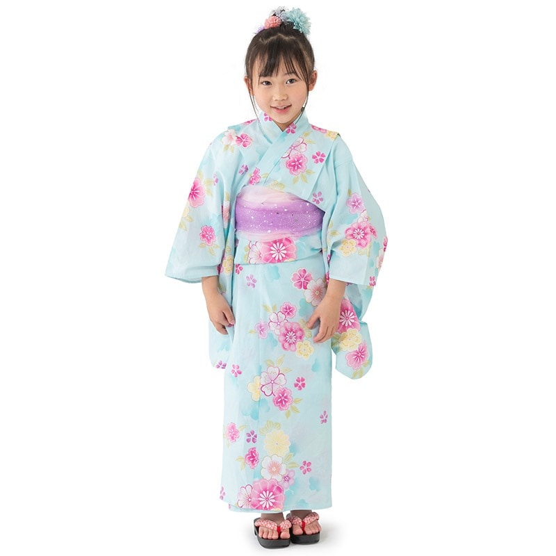 女の子浴衣 水色 ふんわり花 キッズ ジュニア