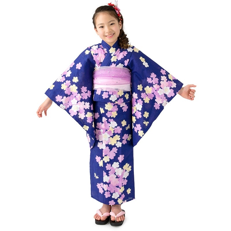女の子浴衣 紺 桜と蝶 キッズ 
