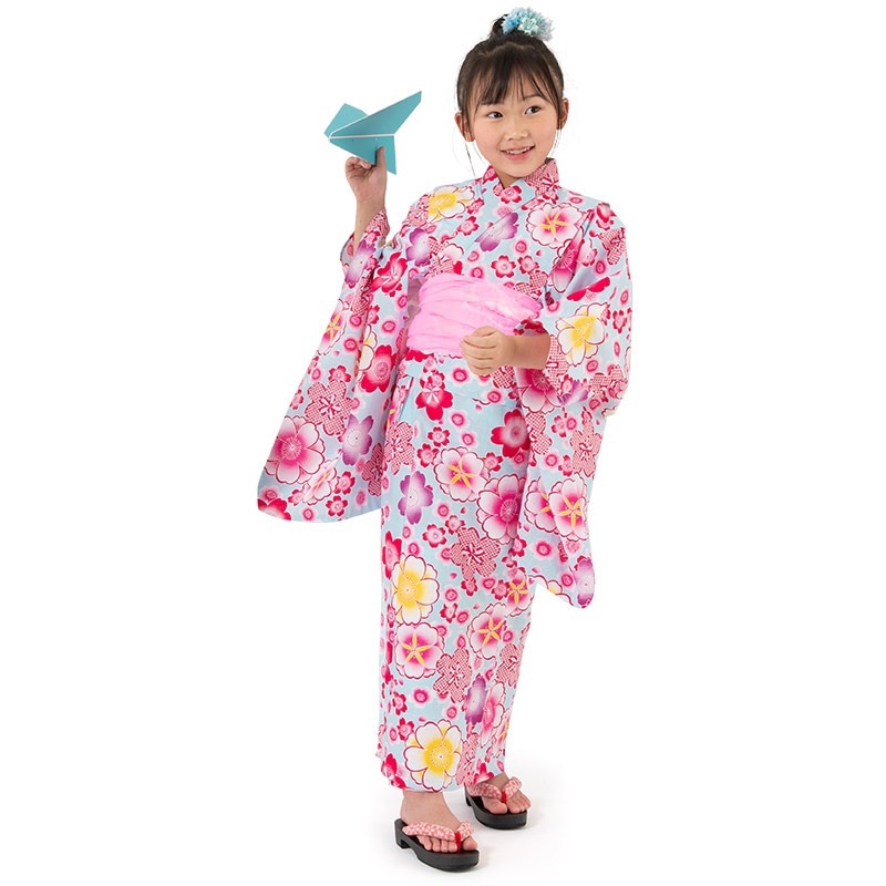 女の子浴衣 水色 桜吹雪 キッズ ジュニア