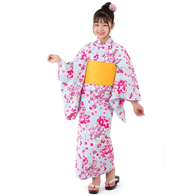 女の子浴衣 水色 ぼたん キッズ ジュニア