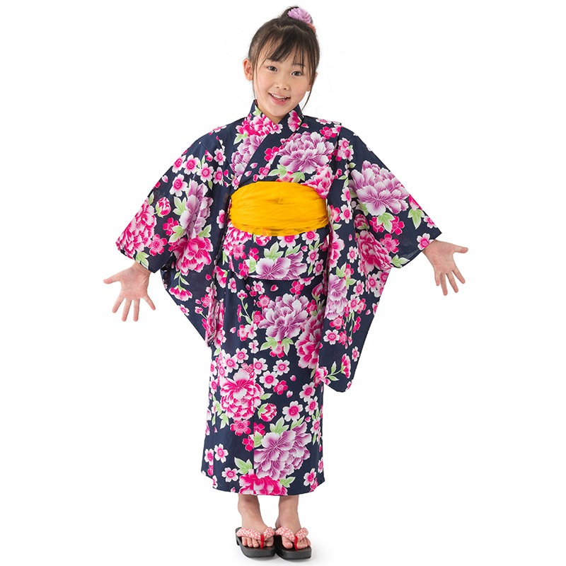 女の子浴衣 紺 ぼたん キッズ ジュニア | 子供和装,女の子浴衣