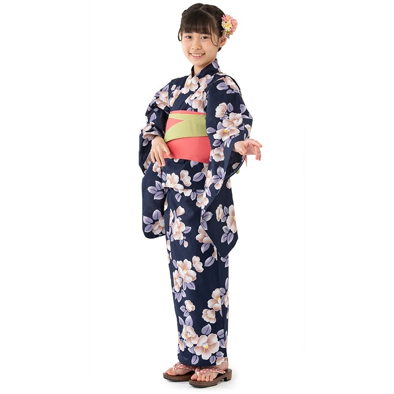 ジュニア女の子浴衣 紺 椿 ジュニア