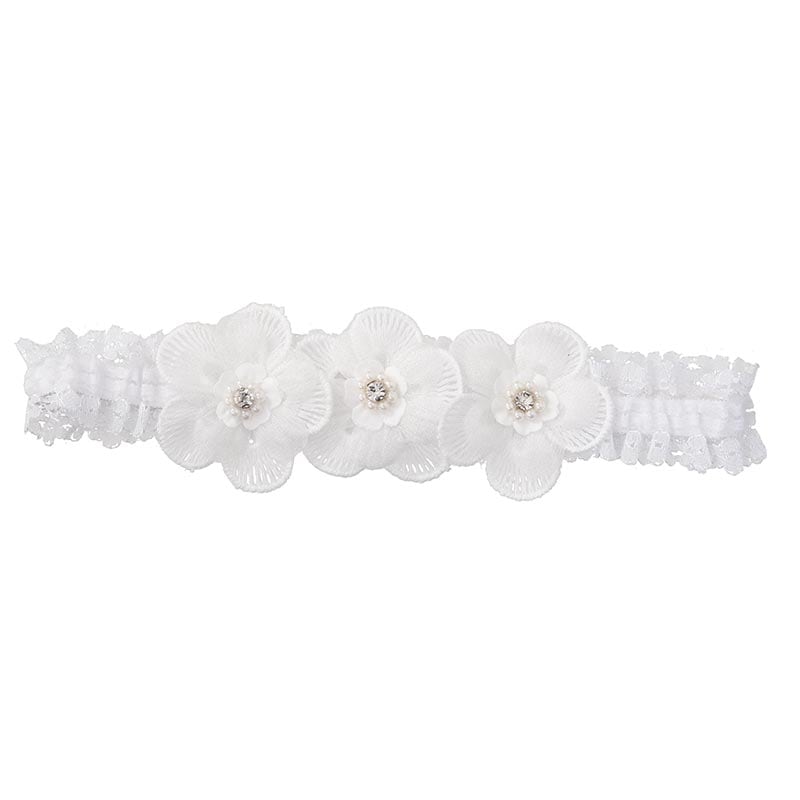 ベビーヘアバンド 白 ダイヤ花 レース幅2.5cm 中国製