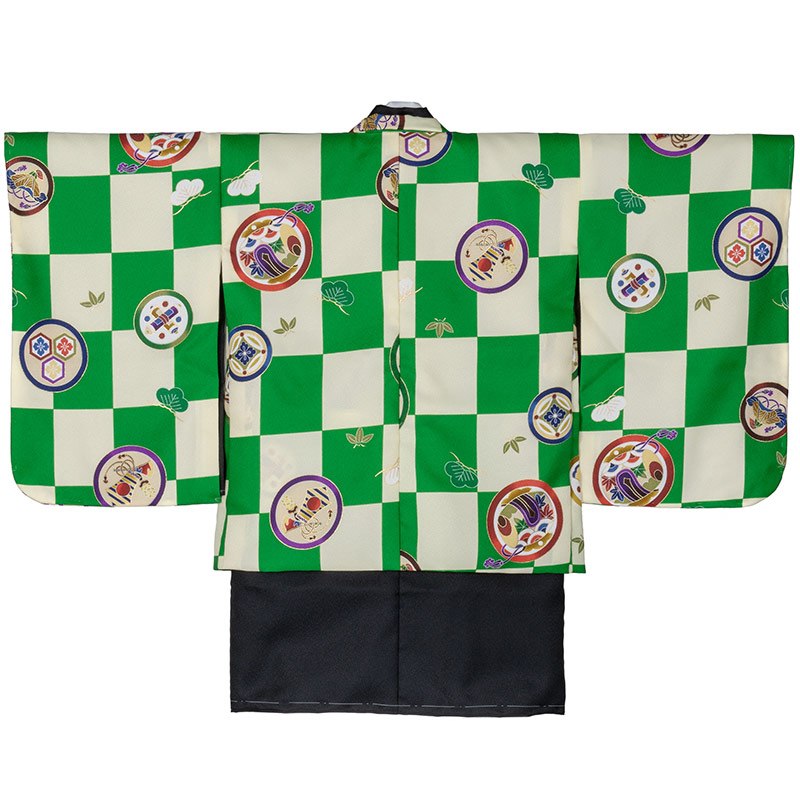 男の子着物羽織 緑/オフ白市松 宝づくし 3才 難物 中国製