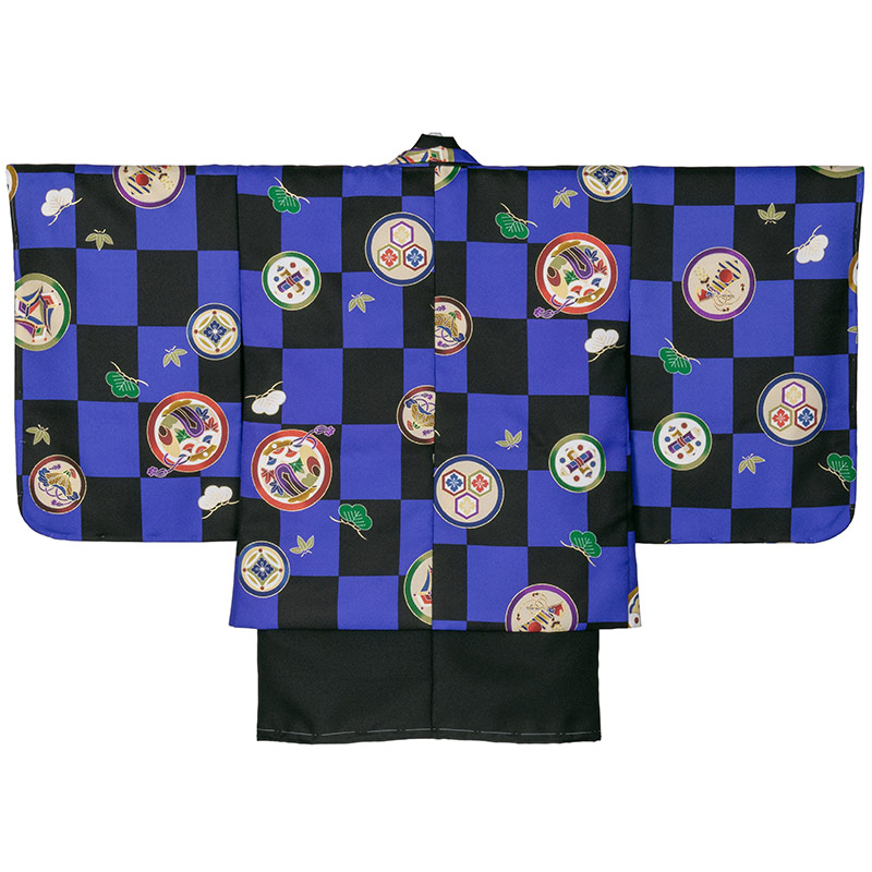 男の子着物羽織 紫・黒市松 宝づくし 3才 難物 中国製