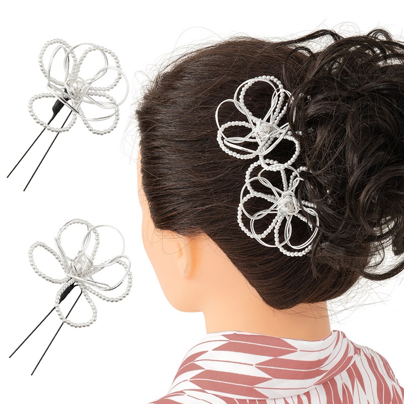 髪飾り パール/銀 花 水引 