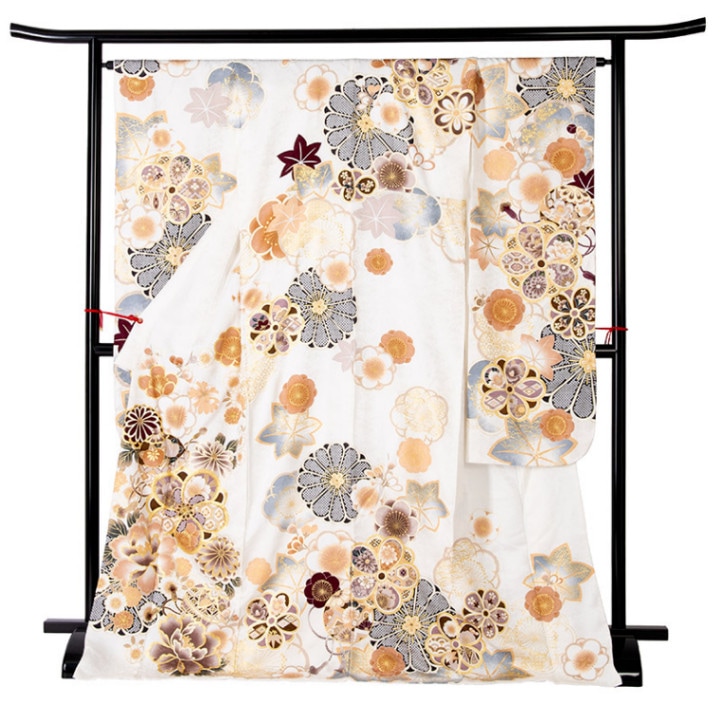 振袖 正絹 白 鞠に芍薬 裄180 袖丈285 中国製