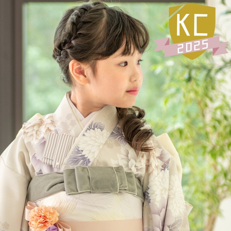 女の子着物帯セット ポリ 小紋 モカ 牡丹とダリア 7才 中国製