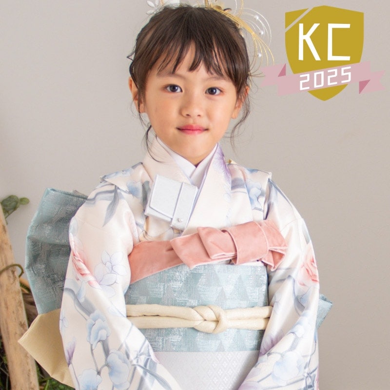 女の子着物帯セット ポリ 小紋 薄黄 アンティークローズ 7才 中国製