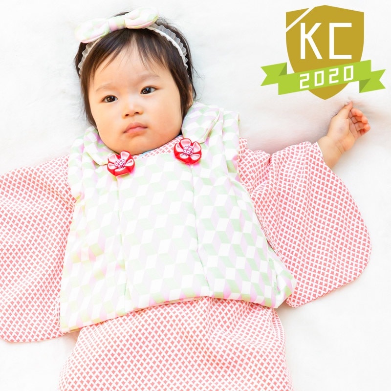 ベビー女の子被布セット サーモンピンク・ピンクヒワキューブ 髪飾り付 100日-1才 難物 中国製