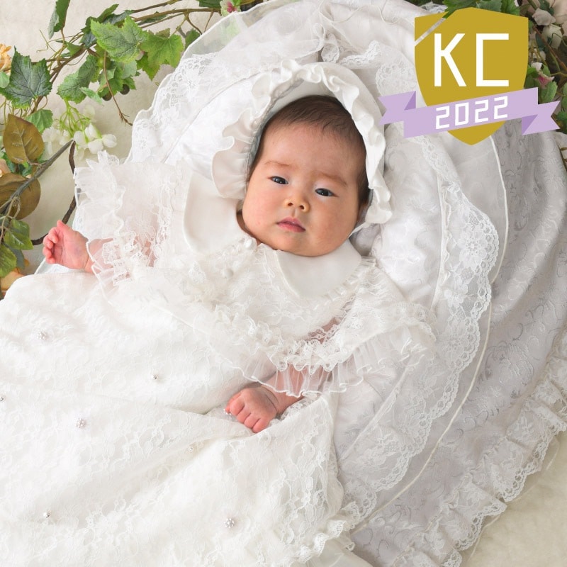 ベビードレス 白 レースケープ 帽子付き 0才 前開き 難物 中国製 | 初