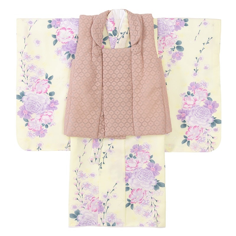 女の子被布セット ポリ クリーム花柄・くすみピンクレース 3才 中国製 