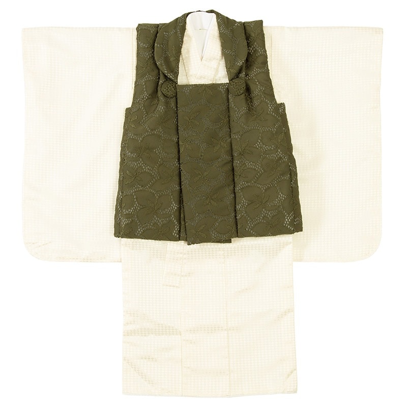 女の子被布セット ポリ オフ白・抹茶レース 3才 中国製 