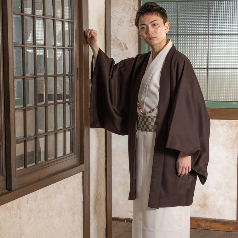 殿方羽織着物セット ポリ 茶・ライトグレー  中国製