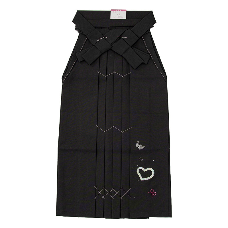 大人女子袴 黒 前のみ刺繍 ハートと蝶 ダイヤ 91cm 中国製
