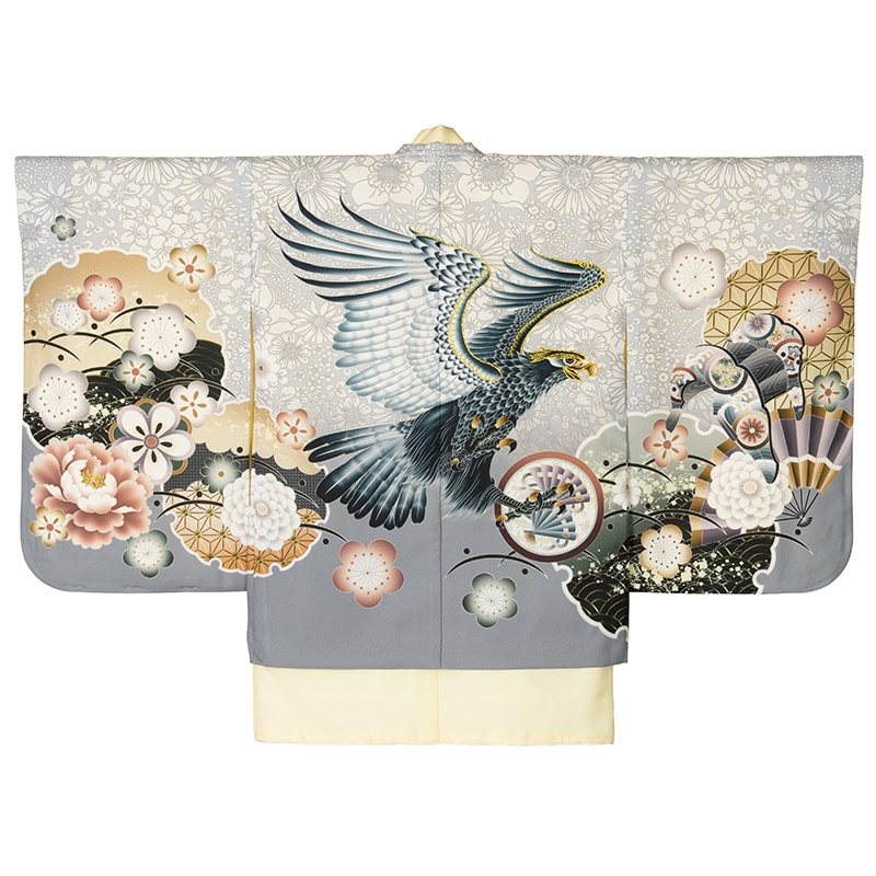 男の子着物羽織 グレー花柄 鷹 中国製